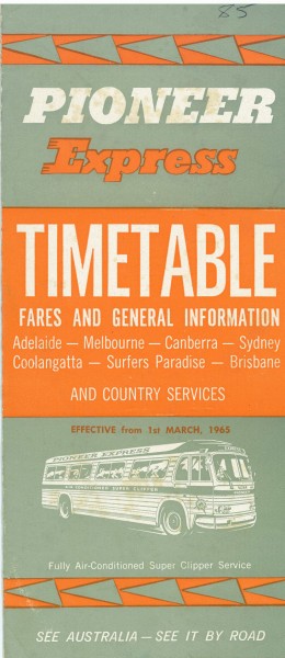 Pioneer Bus timetable, 1965. Folds out. 23 x 10.2 cm. Collection of Ed J.