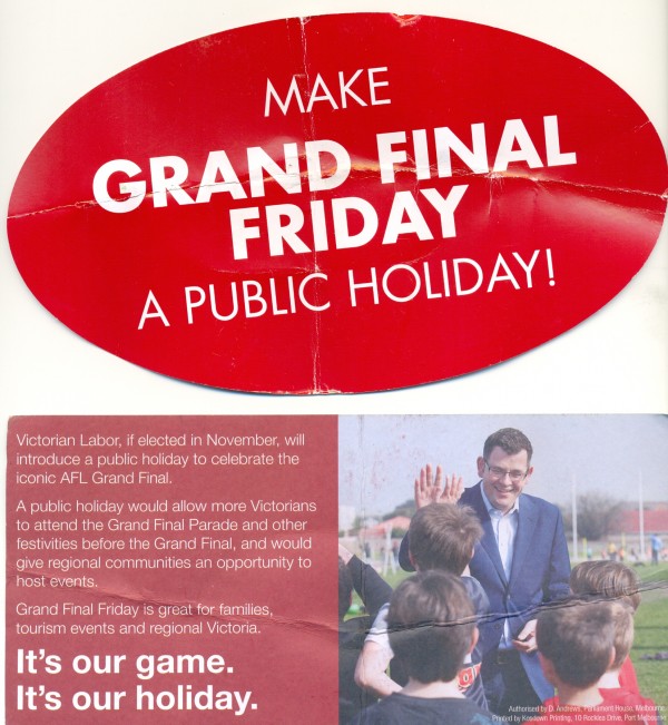 Two political cards distributed by the Australian Labor Party for the state election in November 2014. Football, 12 x 21 cm and card, 10 x 21 cm, 2014. Collection of Mandy B.
