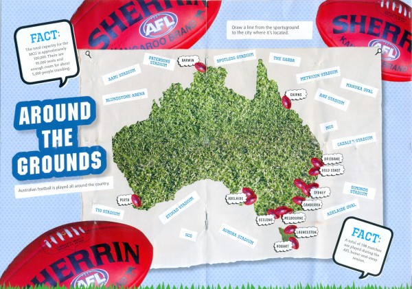 Inside pages from 'AFL Playground: activity book', 2014, 21 x 15 cm, 8 pages, stapled. Collection of Mandy B