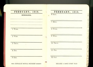 Fortnight double page spread in The AMP diary for the year 1916 published in Sydney, 10 x 8 cm. Collection of Richard Felix.