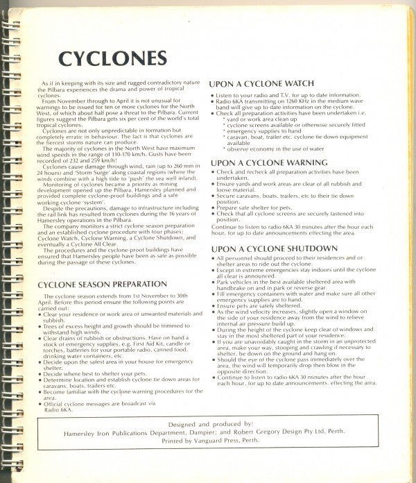 Cyclone information in 1982 Pilbara diary, published by Hamersley Iron. Collection of Richard Felix.