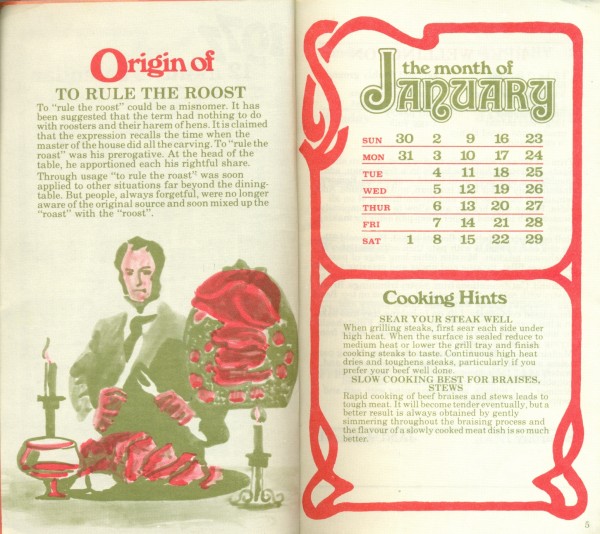 Information and month overview page in The Australian Beef Eaters Diary 1977, published by the Australian Meat Board. Collection of Richard Felix.