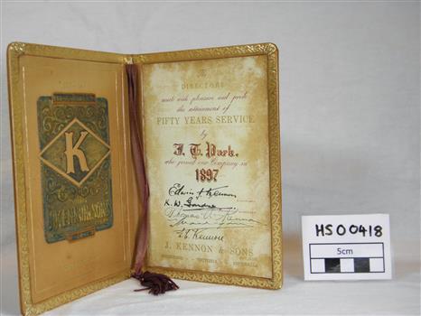 Service award from Kennon Tannery, size unknown, 1897.