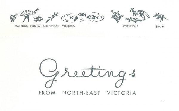 The Ski Village, Falls Creek, and MT. Spion Kopje, greeting card, inside message in card, 14x19.5cm. Collection of Mandy Bede